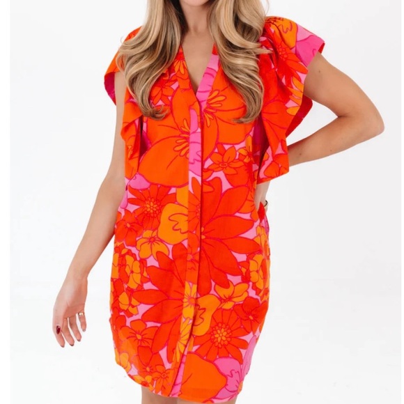 J Marie Floral Midi Dress ruffle sleeves cottage core Orange & Pink Retro Y2K✨ - Picture 2 of 12